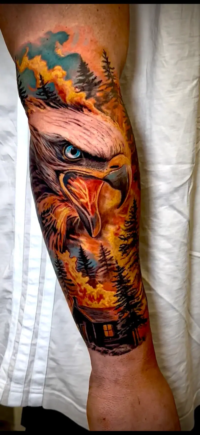 Tatuaje de realismo a color de un águila con bosque y fuego